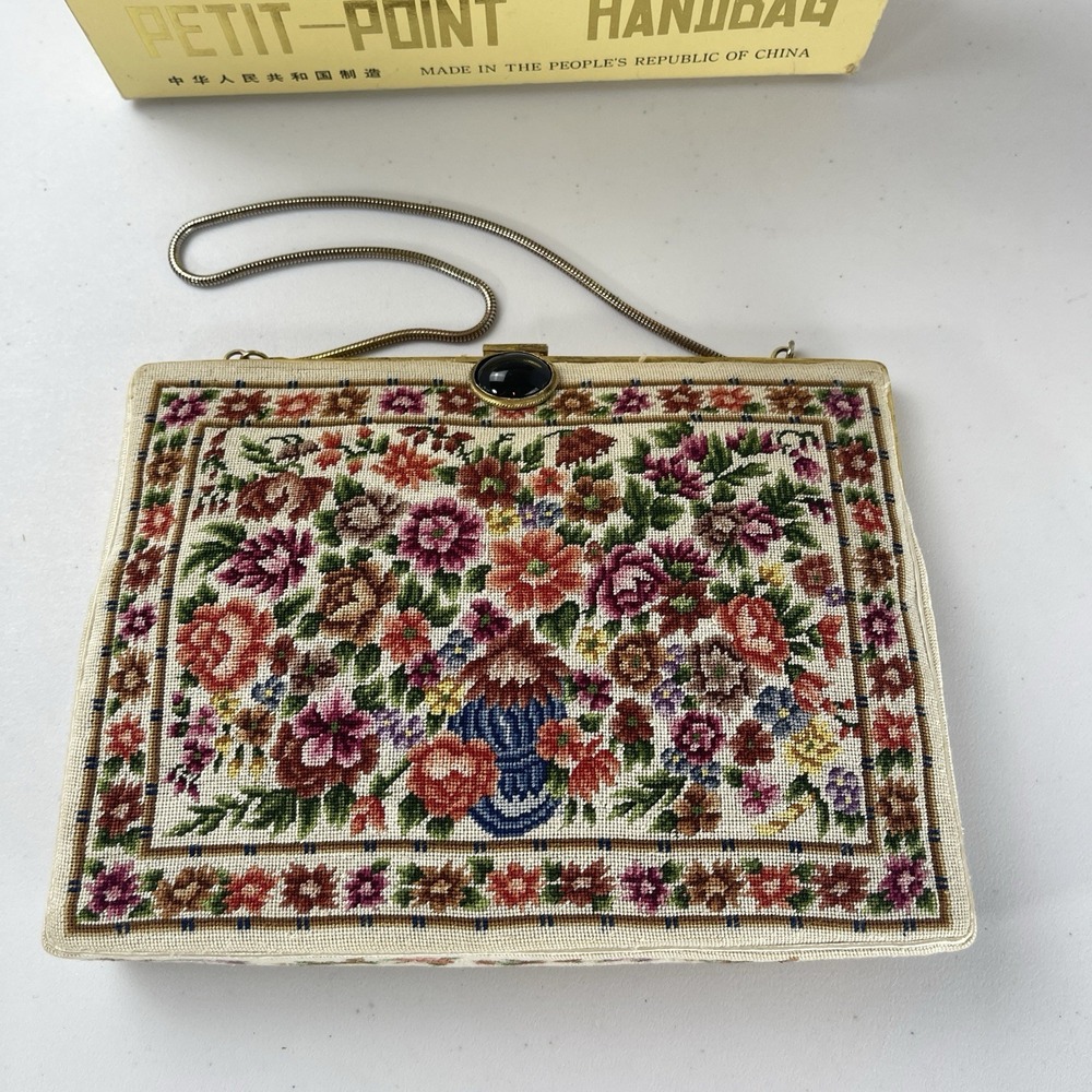New VTG Petit Point Tapestry Needlepoint Frame Evening Bag Jeweled Silver Chain
